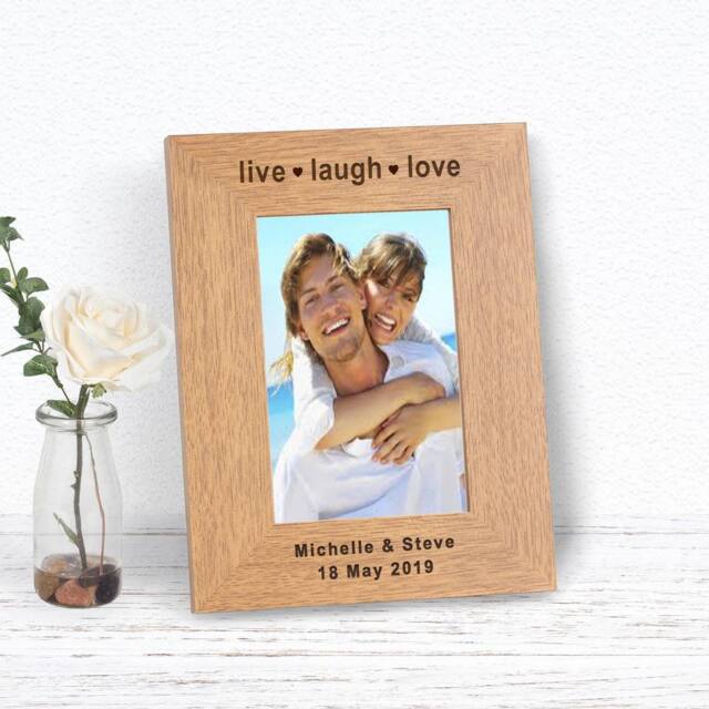Uniqueful Personalised Live Laugh Love Wood Picture Frame 6x4 Anniversary Couple in Brown - image 1