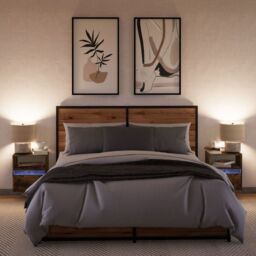 Berkfield Home Wall-mounted Bedside Cabinets with LED Lights 2 pcs Smoked Oak in Brown - thumbnail 4