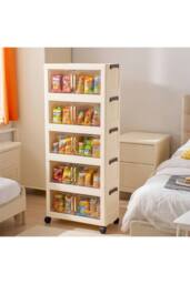 Living and Home 5/4 Tier Foldable Rolling Plastic Storage Cabinet with Magnetic Doors in Cream - Size: XL - thumbnail 7