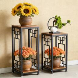 EONLION Double Basin Flower Rack Metal Plant Stand Adjustable Base Home Office in Brown - thumbnail 3