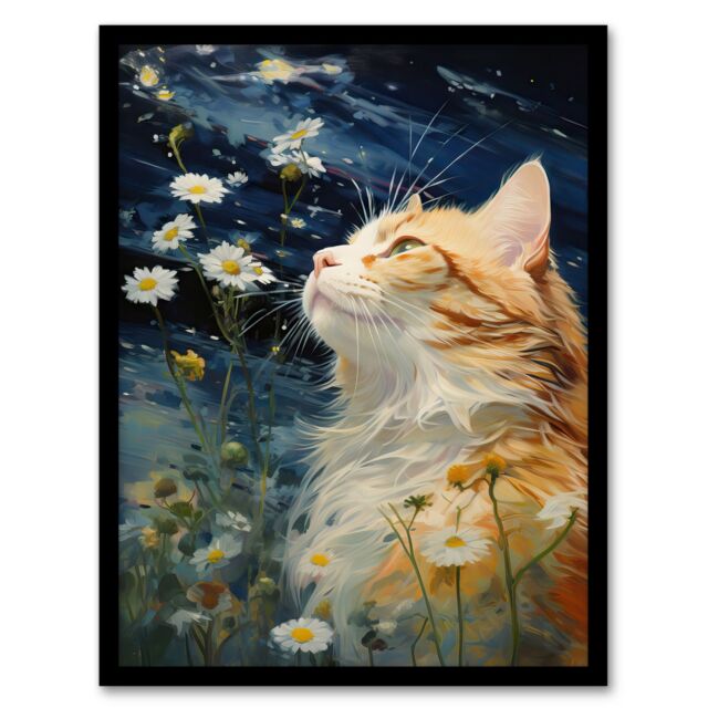 "Artery8 Wall Art Print Moonlit Cat In Daisy Meadow Norwegian Forest Cat Oil Painting Art Framed in Black - Size: W12"" x H16""" - image 1