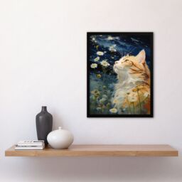 "Artery8 Wall Art Print Moonlit Cat In Daisy Meadow Norwegian Forest Cat Oil Painting Art Framed in Black - Size: W12"" x H16""" - thumbnail 4