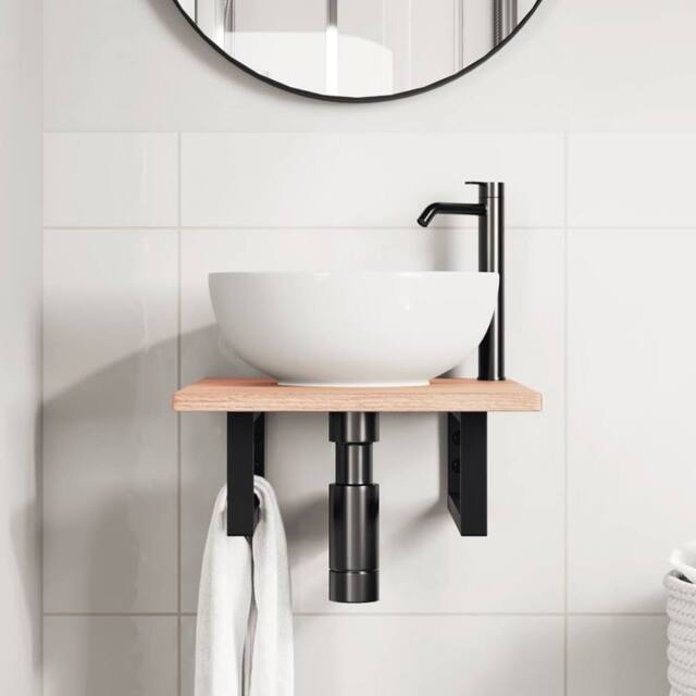 Berkfield Home Elegant Basin Shelf Wall Mounted Steel & Solid Wood Oak in Brown - image 1