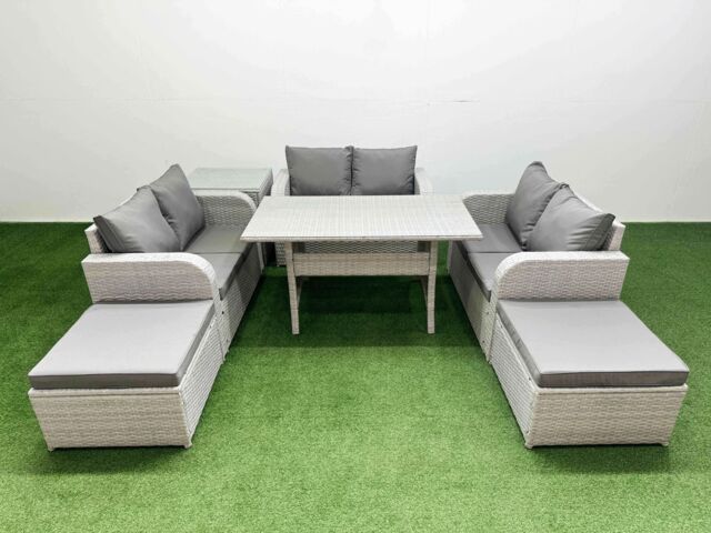Fimous 8 Seater PE Wicker Rattan Furniture Sofa Sets with Rectangular Dining Table 2 Seater Love Sofa 2 Big Footstool Side Table Light Grey - image 1
