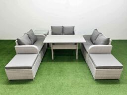 Fimous 8 Seater PE Wicker Rattan Furniture Sofa Sets with Rectangular Dining Table 2 Seater Love Sofa 2 Big Footstool Side Table Light Grey - thumbnail 1