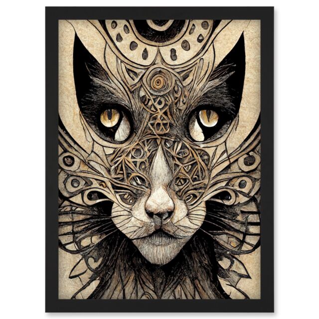 Artery8 Abstract Cat Face Close Up With Tribal Patterns Textured Mask Artwork Framed Wall Art Print A4 in Black - image 1