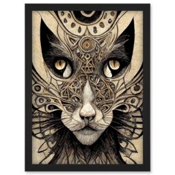 Artery8 Abstract Cat Face Close Up With Tribal Patterns Textured Mask Artwork Framed Wall Art Print A4 in Black - thumbnail 1
