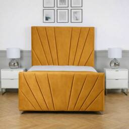 Living Comfort Bedz Lumina Plush Velvet Upholstered Bed Slatted Base with 48Inch Headboard in Mustard - Size: Small Double - thumbnail 2