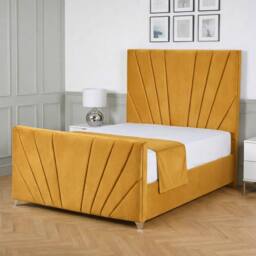 Living Comfort Bedz Lumina Plush Velvet Upholstered Bed Slatted Base with 48Inch Headboard in Mustard - Size: Small Double