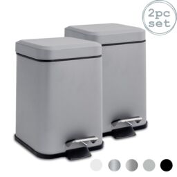 Harbour Housewares 2x Square Bathroom Pedal Bins 3L Stainless Steel Slim Rubbish Dustbin in Grey
