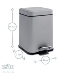 Harbour Housewares 2x Square Bathroom Pedal Bins 3L Stainless Steel Slim Rubbish Dustbin in Grey - thumbnail 3