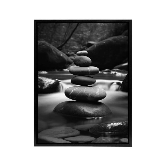 "Artery8 Zen Stones Stack In River Black White Photo Framed Canvas Wall Art Print - Size: W12"" x H16""" - image 1