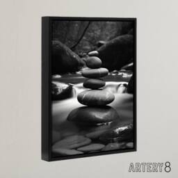 "Artery8 Zen Stones Stack In River Black White Photo Framed Canvas Wall Art Print - Size: W12"" x H16""" - thumbnail 2