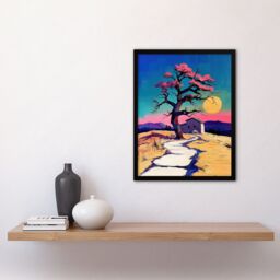 "Artery8 Cottage Cherry Blossom Tree Sunrise Landscape Framed Art Print in Blue - Size: W12"" x H16""" - thumbnail 4