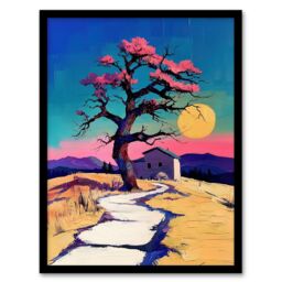 "Artery8 Cottage Cherry Blossom Tree Sunrise Landscape Framed Art Print in Blue - Size: W12"" x H16""" - thumbnail 1