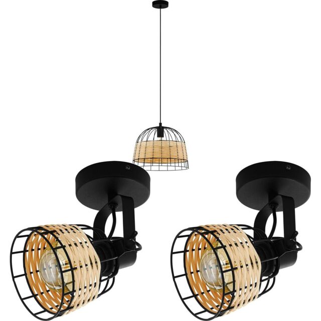 Loops Ceiling Pendant Light & 2x Matching Wall Lights Black Wire & Wicker Wood Lamp - image 1