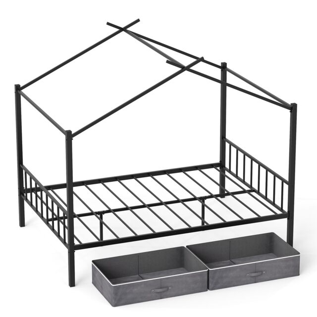 Costway Double Size House Bed Heavy-Duty Metal Platform Bed w/2 Drawers in Black - image 1