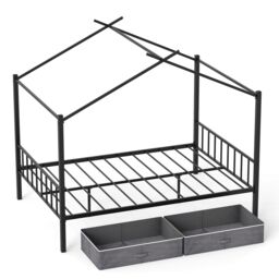 Costway Double Size House Bed Heavy-Duty Metal Platform Bed w/2 Drawers in Black - thumbnail 1