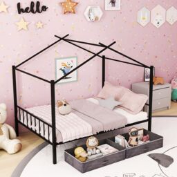 Costway Double Size House Bed Heavy-Duty Metal Platform Bed w/2 Drawers in Black - thumbnail 3