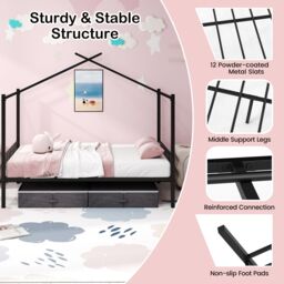 Costway Double Size House Bed Heavy-Duty Metal Platform Bed w/2 Drawers in Black - thumbnail 7