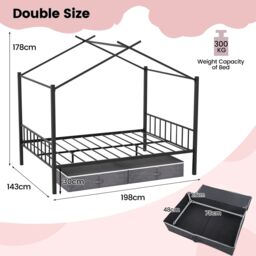 Costway Double Size House Bed Heavy-Duty Metal Platform Bed w/2 Drawers in Black - thumbnail 2