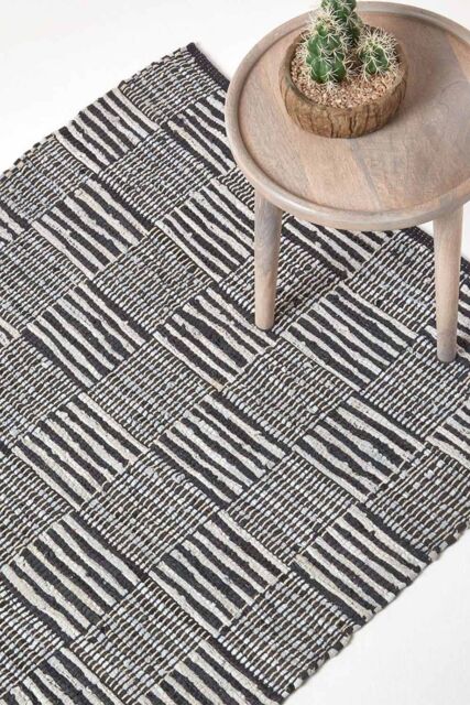 Homescapes Real Leather Handwoven Striped Block Check Rug - Size: 120 cm x 180 cm - image 1