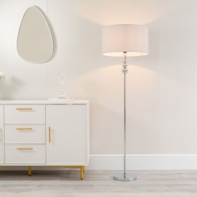 ValueLights Marissa Fabric Drum Shade with Chrome Stacked Ball Floor Lamp in Grey - image 1