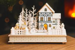 Marco Paul Pre-Lit Christmas Village Scene - House & Snowman in White - thumbnail 1