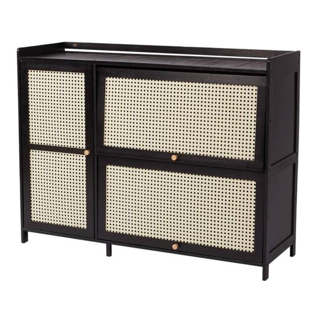 FORGEVIO 3 Rattan Doors Shoe Cabinet Storage Cupboard Footwear Shelf Cupboard in Black - image 1