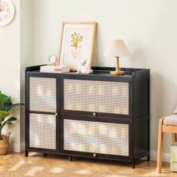 FORGEVIO 3 Rattan Doors Shoe Cabinet Storage Cupboard Footwear Shelf Cupboard in Black - thumbnail 3