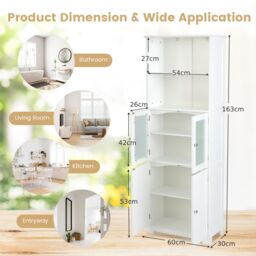Costway 163cm Tall Bathroom Storage Cabinet Freestanding Kitchen Pantry Cupboard in White - thumbnail 2