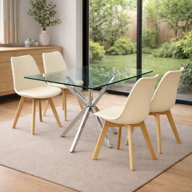KOSY KOALA Modern Rectangle Glass Dining Table Set With 4 Cream Plastic Chairs - image 1