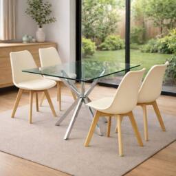 KOSY KOALA Modern Rectangle Glass Dining Table Set With 4 Cream Plastic Chairs