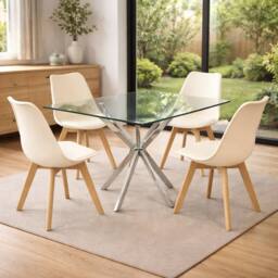 KOSY KOALA Modern Rectangle Glass Dining Table Set With 4 Cream Plastic Chairs - thumbnail 3