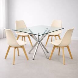 KOSY KOALA Modern Rectangle Glass Dining Table Set With 4 Cream Plastic Chairs - thumbnail 2