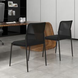 Costway Set of 2 Reception Chairs Stackable Office Armless Chairs Mesh Guest Chairs w/ Padded Seat in Black - thumbnail 3