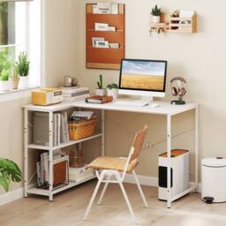 PAWNORA L-shaped Desk Corner Gaming Desk with Heavy-duty Metal Frame in White - Size: 0.6m2