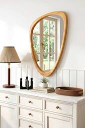 Living and Home 49x77cm Asymmetrical Pine Wood Wall Mirror Scandi Decorative Mirror in Natural - Size: 49x77 cm - thumbnail 2