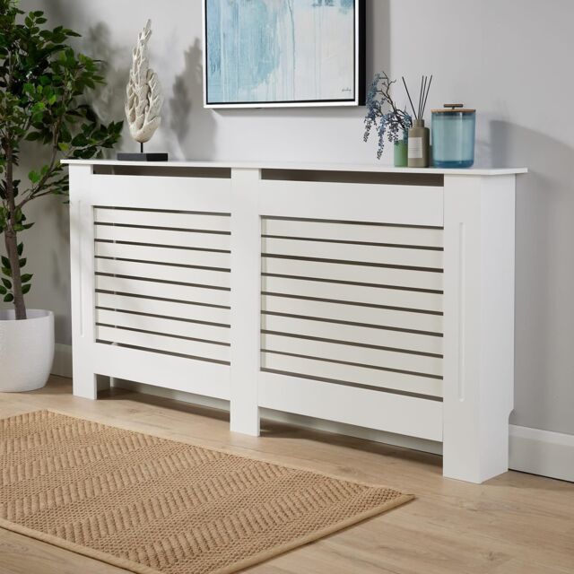 Home Source Extra Large Radiator Cover Wooden MDF Wall Cabinet Shelf Slatted Grill in White - image 1