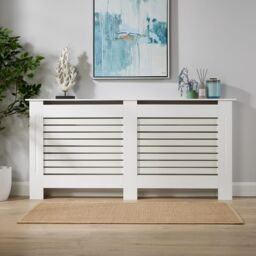 Home Source Extra Large Radiator Cover Wooden MDF Wall Cabinet Shelf Slatted Grill in White - thumbnail 2