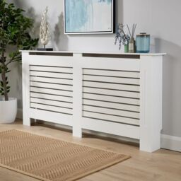 Home Source Extra Large Radiator Cover Wooden MDF Wall Cabinet Shelf Slatted Grill in White - thumbnail 1