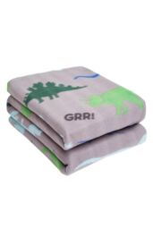 OHS Dinosaur Fleece Blanket Kids Soft Warm Throw in Grey - Size: 130 cm x 160 cm - thumbnail 1