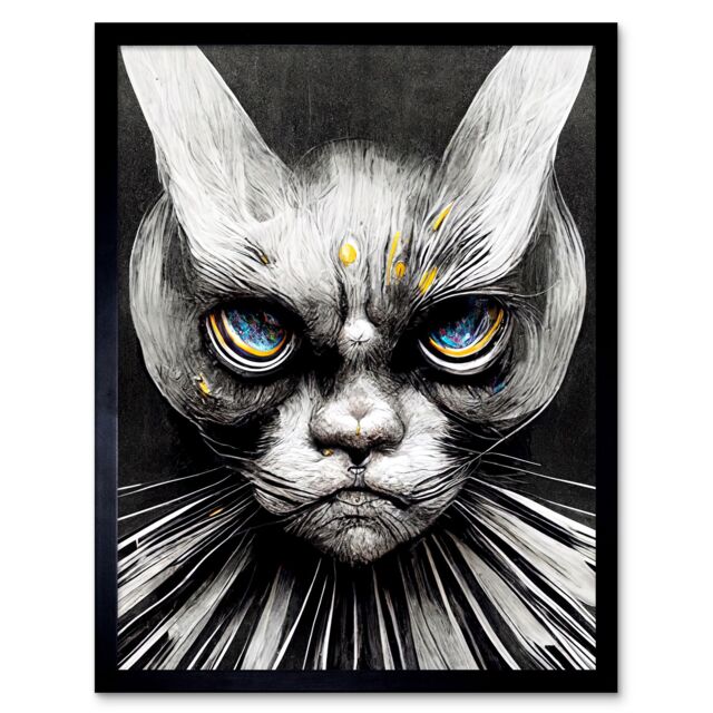"Artery8 Wall Art Print The Sultan Of Cat Land Fantasy Gothic Cat Portrait Art Framed in Black - Size: W12"" x H16""" - image 1