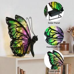 "Bright Zeal Solar Butterfly Lights Hand-Painted Glass 7x5x10"" Multi Outdoor Decor" - thumbnail 4