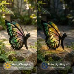 "Bright Zeal Solar Butterfly Lights Hand-Painted Glass 7x5x10"" Multi Outdoor Decor" - thumbnail 3
