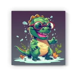 Warren Reed - Designer Happy Dino In A Puddle Canvas - Size: w10 inch x h10 inch - thumbnail 2