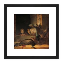 Artery8 Rembrandt Still Life With Peacocks Painting 8X8 Inch Square Wooden Framed Wall Art Print Picture with Mount in Black - thumbnail 1