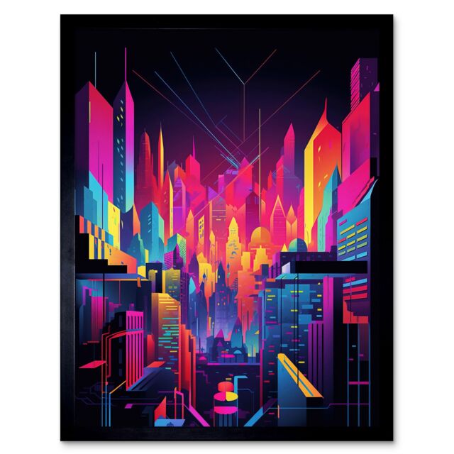 "Artery8 Wall Art Print Neon Light Colour Abstract Metropolis Cityscape at Night Modern Artwork Art Framed in Black - Size: W12"" x H16""" - image 1