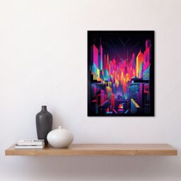 "Artery8 Wall Art Print Neon Light Colour Abstract Metropolis Cityscape at Night Modern Artwork Art Framed in Black - Size: W12"" x H16""" - thumbnail 2