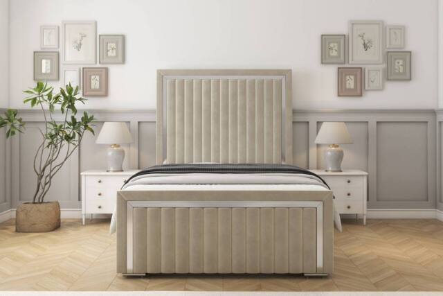 "Sloomy Boston Chrome Plush Frame-Mattress - 50"" Upholstered Headboard in Cream - Size: Double" - image 1